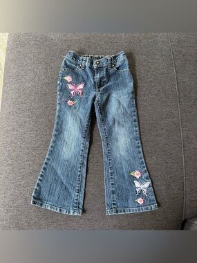 Y2K Skechers Embroidered Flare Denim Jeans Pink Butterflies Floral Girls 4/4T